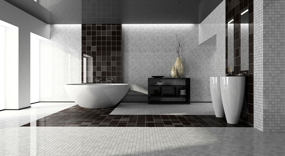 a modern tiled bathroom with luxury bath and twin wash basins